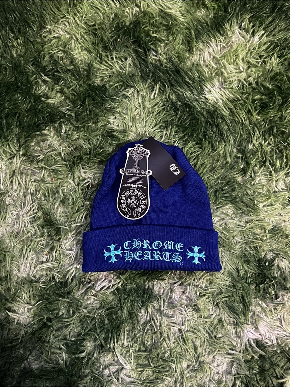 Chrome Hearts blue Beanie with Turquoise Embroidery